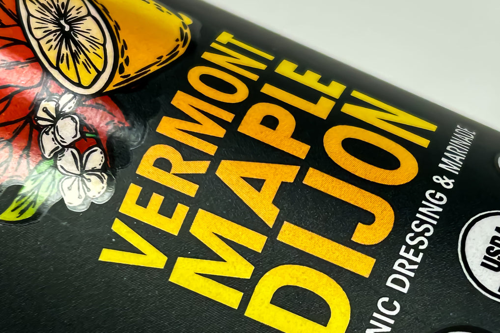 Spot UV Varnish label example showing a glossy texture against the matte lamination.